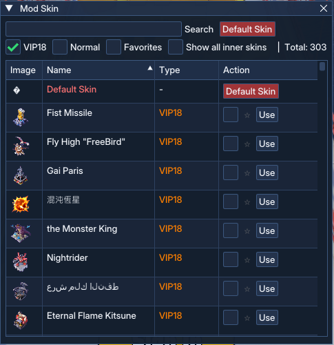 Step 2: Filter VIP 18 and click Use to equip your chosen skin